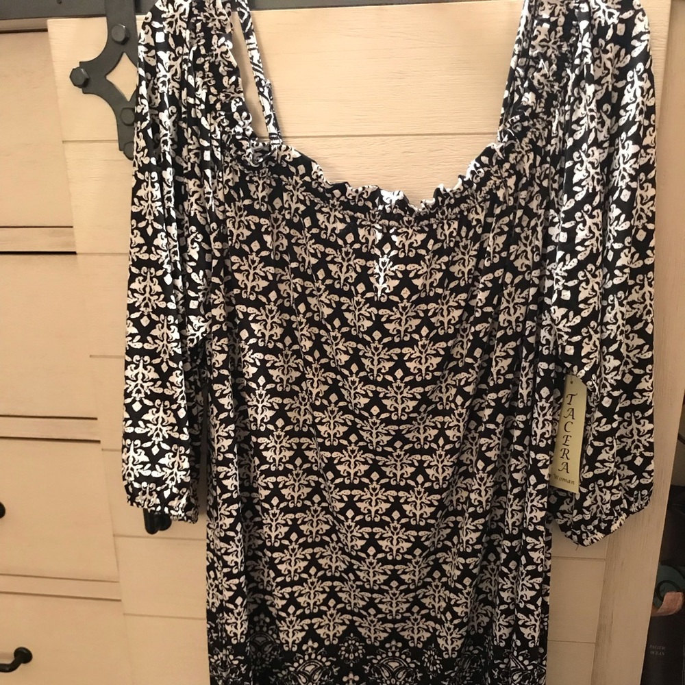 Black and white off the the shoulder dress.